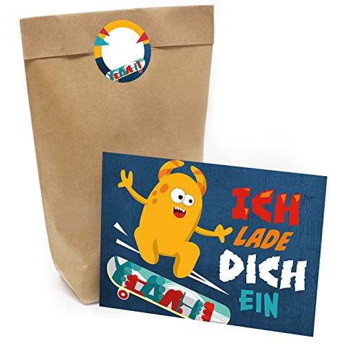Kindergeburtstag Einladung Set mit je 8 Einladungskarten, Umschlägen, Tüten und Aufkleber - Cooles Skateboard Monster Kindergeburtstag Einladung Set mit je 8 Einladungskarten, Umschlägen, Tüten und Aufkleber - Cooles Skateboard Monster von Einladungskarten Manufaktur Hamburg