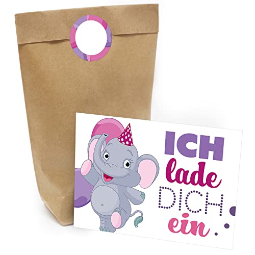 Kindergeburtstag Einladung Set mit je 8 Einladungskarten, Umschlägen, Tüten und Aufkleber - Elefant lila von Einladungskarten Manufaktur Hamburg