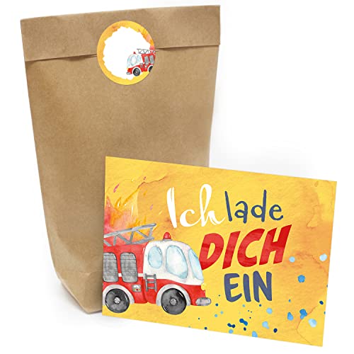 Kindergeburtstag Einladung Set mit je 8 Einladungskarten, Umschlägen, Tüten und Aufkleber - Feuerwehr von Einladungskarten Manufaktur Hamburg