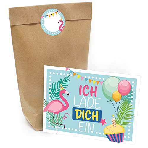 Kindergeburtstag Einladung Set mit je 8 Einladungskarten, Umschlägen, Tüten und Aufkleber - Flamingo von Einladungskarten Manufaktur Hamburg