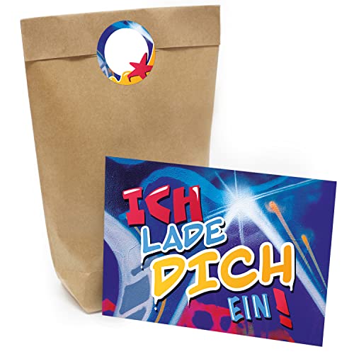 Kindergeburtstag Einladung Set mit je 8 Einladungskarten, Umschlägen, Tüten und Aufkleber - Graffiti Spray Coole Schrift Kindergeburtstag Einladung Set mit je 8 Einladungskarten, Umschlägen, Tüten und Aufkleber - Graffiti Spray Coole Schrift von Einladungskarten Manufaktur Hamburg