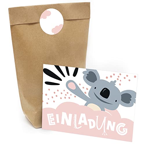 Kindergeburtstag Einladung Set mit je 8 Einladungskarten, Umschlägen, Tüten und Aufkleber - Koala abstrakt von Einladungskarten Manufaktur Hamburg