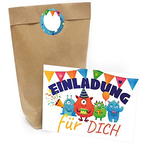 Kindergeburtstag Einladung Set mit je 8 Einladungskarten, Umschlägen, Tüten und Aufkleber - Monster Party von Einladungskarten Manufaktur Hamburg