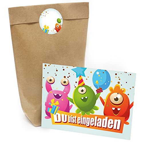 Kindergeburtstag Einladung Set mit je 8 Einladungskarten, Umschlägen, Tüten und Aufkleber - Niedliche Monster Party von Einladungskarten Manufaktur Hamburg