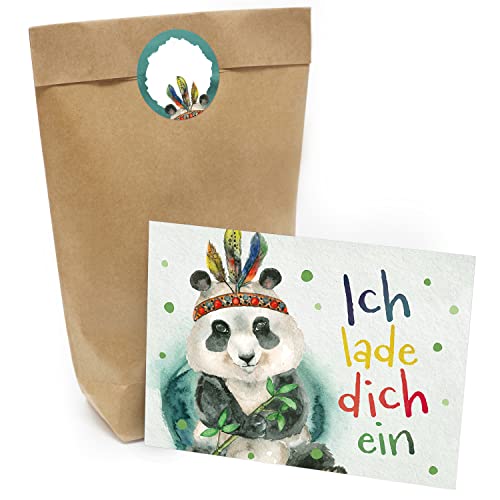 Kindergeburtstag Einladung Set mit je 8 Einladungskarten, Umschlägen, Tüten und Aufkleber - Panda Indianer von Einladungskarten Manufaktur Hamburg