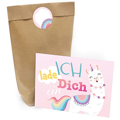 Kindergeburtstag Einladung Set mit je 8 Einladungskarten, Umschlägen, Tüten und Aufkleber - Regenbogen Lama von Einladungskarten Manufaktur Hamburg