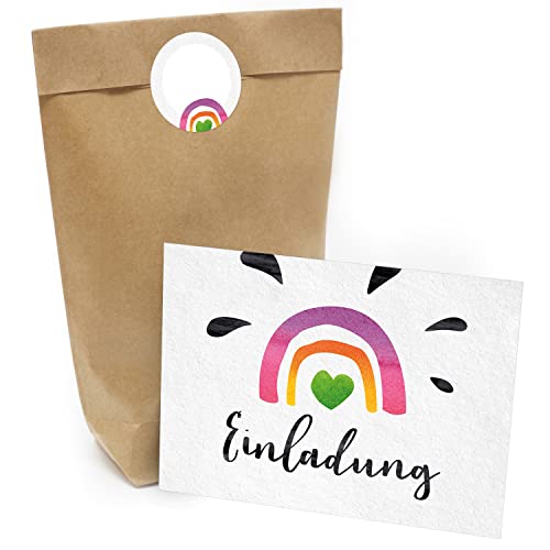 Kindergeburtstag Einladung Set mit je 8 Einladungskarten, Umschlägen, Tüten und Aufkleber - Regenbogen von Einladungskarten Manufaktur Hamburg