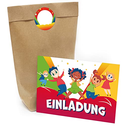 Kindergeburtstag Einladung Set mit je 8 Einladungskarten, Umschlägen, Tüten und Aufkleber - Springen Trampolin Park Jump Kinder von Einladungskarten Manufaktur Hamburg