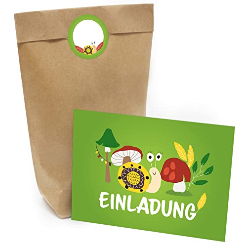 Kindergeburtstag Einladung Set mit je 8 Einladungskarten, Umschlägen, Tüten und Aufkleber - Wald Schnecke Grün von Einladungskarten Manufaktur Hamburg