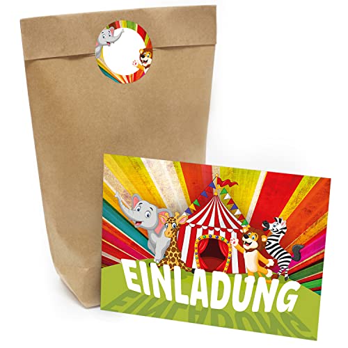 Kindergeburtstag Einladung Set mit je 8 Einladungskarten, Umschlägen, Tüten und Aufkleber - Zoo Zirkus Party Tiere von Einladungskarten Manufaktur Hamburg