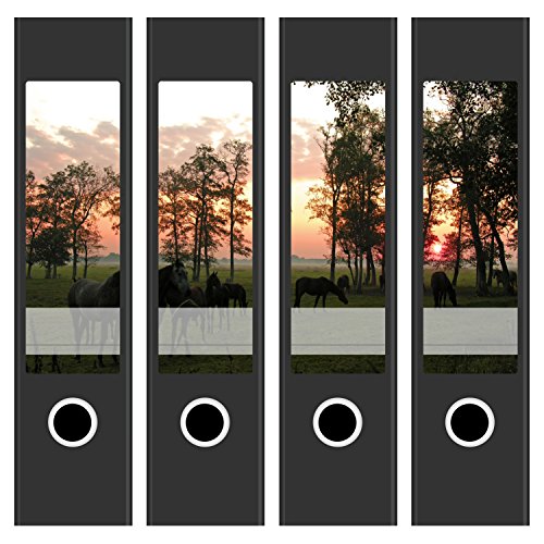 Ordneretiketten | 4 Aufkleber für breite Akten-Ordner | Sonnenaufgang Pferde | selbstklebende Design Akten-Etiketten | Deko Sticker für Rückenschilder Ordnerrücken | zum Beschreiben von Einladungskarten Manufaktur Hamburg