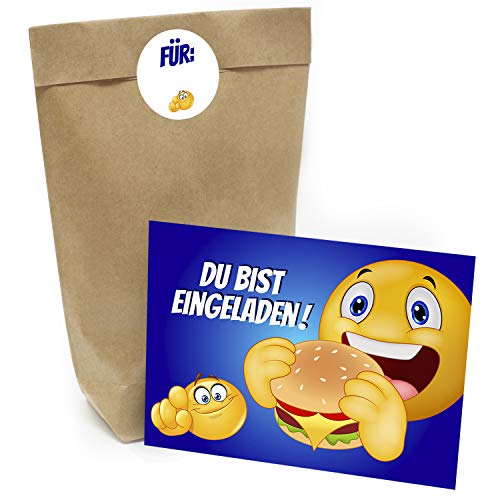 Kindergeburtstag Einladung Set mit je 8 Einladungskarten, Umschlägen, Tüten und Aufkleber - Motiv: Burger Party von Einladungskarten Manufaktur Hamburg