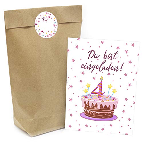 Kindergeburtstag Einladung Set mit je 8 Einladungskarten, Umschlägen, Tüten und Aufkleber - Motiv: Rosa 4. Geburtstag für Mädchen von Einladungskarten Manufaktur Hamburg