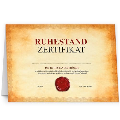 Rente Abschiedskarte (XXL - A4) - Zertifikat - Urkunde Vintage - große Klappkarte für Kollegen mit Umschlag zur Rente Ruhestand Pension Rentner Abschied von Einladungskarten Manufaktur Hamburg