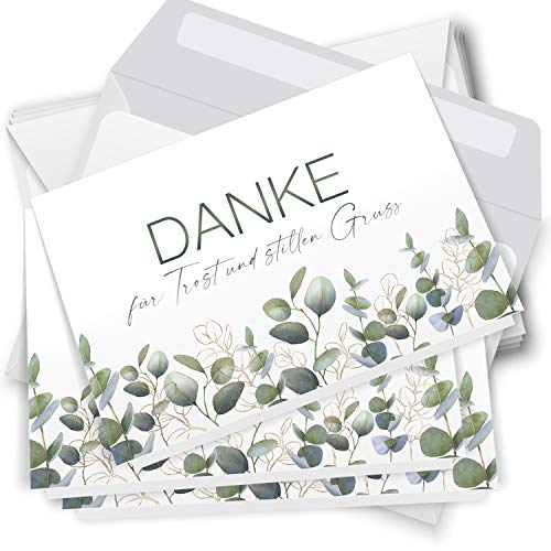 Danksagungskarten Trauer – 10 Klappkarten mit Umschlägen – Motiv: Eucalyptus Gold – Trauerkarten Danksagung mit Text – Dankeskarten Trauer nach Beerdigung von Einladungskarten Manufaktur Hamburg