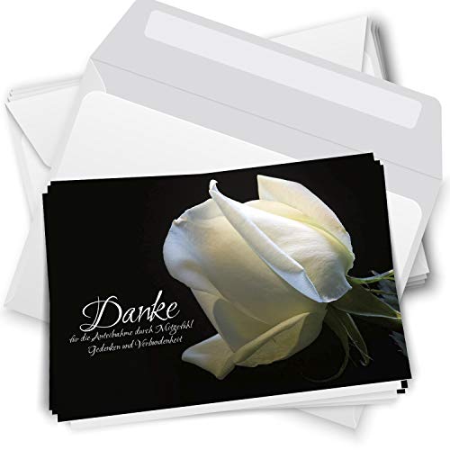 Trauer Danksagungskarten mit Umschlag | Motiv: Weiße Rose, 10 Stück | Dankeskarten DIN A6 Set | Klappkarten-Trauerkarten Danksagung Danke sagen von Einladungskarten Manufaktur Hamburg