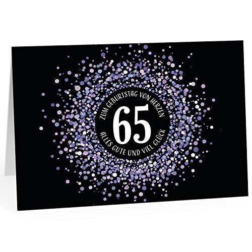 XXL Geburtstagskarte (A4) | Konfetti Look Lila auf schwarz | mit Umschlag | Glückwunsch zum 65. Geburtstag | edle und hochwertige Klappkarte | Grußkarte | Maxikarte extra groß von Einladungskarten Manufaktur Hamburg