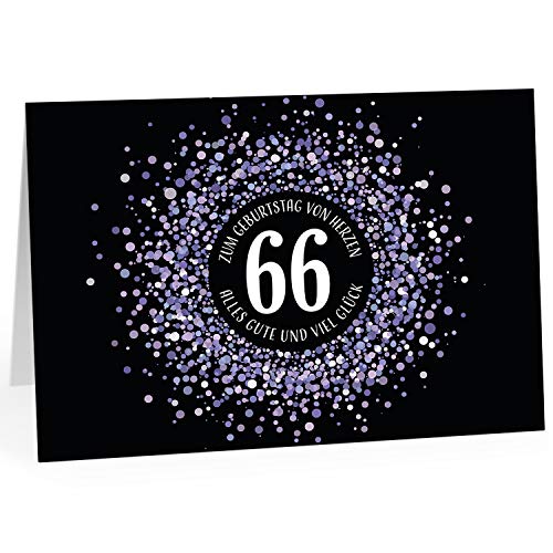 XXL Geburtstagskarte (A4) | Konfetti Look Lila auf schwarz | mit Umschlag | Glückwunsch zum 66. Geburtstag | edle und hochwertige Klappkarte | Grußkarte | Maxikarte extra groß von Einladungskarten Manufaktur Hamburg