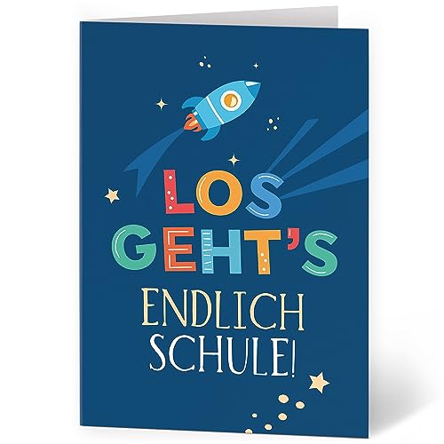 XXL Glückwunschkarte (A4) Einschulung mit Umschlag Thema Schule Blau Rakete - hochwertige Klappkarte | Große Design Maxi Karte Grußkarte Gutschein von Einladungskarten Manufaktur Hamburg