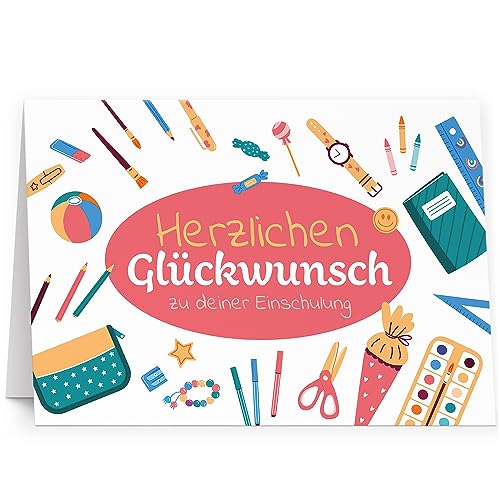 XXL Glückwunschkarte (A4) Einschulung mit Umschlag Thema Schule Bunte Symbole - hochwertige Klappkarte | Große Design Maxi Karte Grußkarte Gutschein von Einladungskarten Manufaktur Hamburg