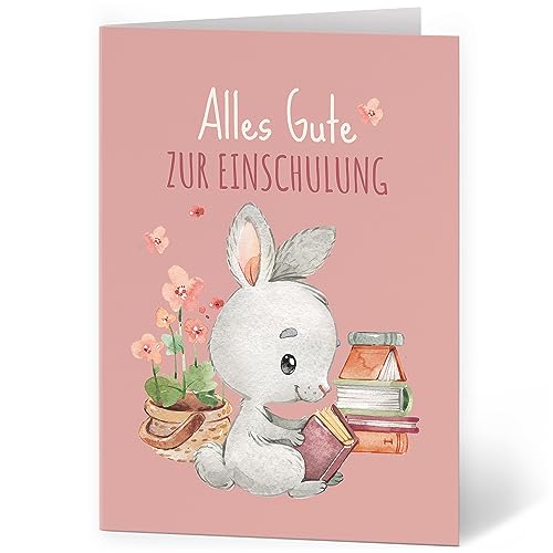 XXL Glückwunschkarte (A4) Einschulung mit Umschlag Thema Schule Rosa Hase Mädchen - hochwertige Klappkarte | Große Design Maxi Karte Grußkarte Gutschein von Einladungskarten Manufaktur Hamburg