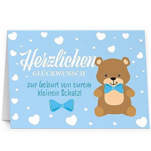 XXL Glückwunschkarte (A4) zur Geburt Junge Blau Schleife Bär - hochwertige Klappkarte | Große Karte Grußkarte Glückwunsch mit Umschlag Baby Eltern von Einladungskarten Manufaktur Hamburg