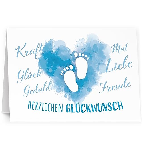 XXL Glückwunschkarte (A4) zur Geburt Junge Fußabdruck Blau - hochwertige Klappkarte | Große Karte Grußkarte Glückwunsch mit Umschlag Baby Eltern von Einladungskarten Manufaktur Hamburg
