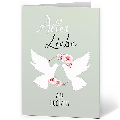 XXL Glückwunschkarte (A4) | zur Hochzeit | mit Umschlag | 2 Tauben Grün edel | edle und hochwertige Klappkarte | Große Design Karte zum Verschenken | Maxi Karte Überformat von Einladungskarten Manufaktur Hamburg