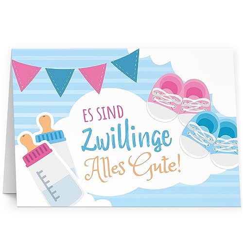 XXL Glückwunschkarte Zwillinge Junge Mädchen (A4) zur Geburt hochwertige Klappkarte | Große Design Maxi Karte Grußkarte Glückwunsch mit Umschlag Zwilling von Einladungskarten Manufaktur Hamburg
