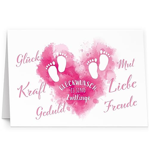 XXL Glückwunschkarte Zwillinge Mädchen rosa Fußabdrücke (A4) zur Geburt hochwertige Klappkarte | Große Design Maxi Karte Grußkarte Glückwunsch mit Umschlag Zwilling von Einladungskarten Manufaktur Hamburg