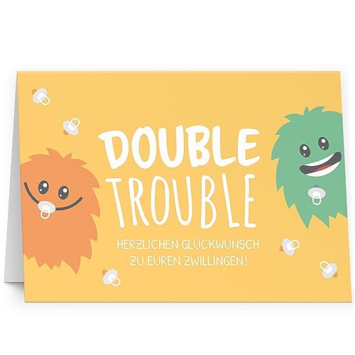 XXL Glückwunschkarte Zwillinge Witzige Monster Double Trouble (A4) zur Geburt hochwertige Klappkarte | Große Design Maxi Karte Grußkarte Glückwunsch mit Umschlag Zwilling von Einladungskarten Manufaktur Hamburg