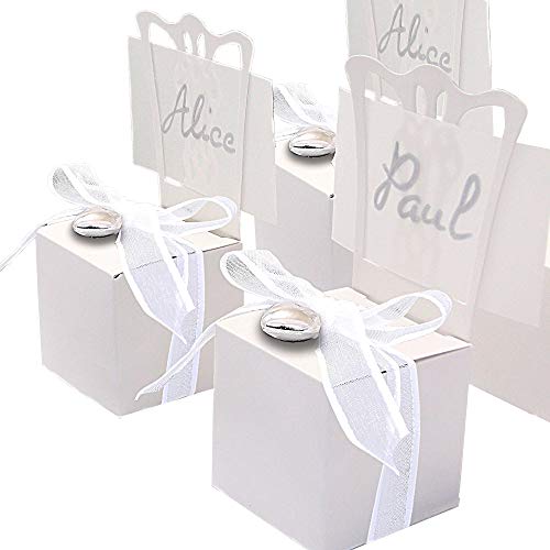 12x Kartonagen EinsSein® Gastgeschenke Hochzeit Tischkartenhalter Stuhl weiß mit Namenskärtchen Hochzeitsmandeln Kartonage Geschenkboxen Geschenkbox Taufe Taufmandeln Kommunion Tischkarten Candybar von EinsSein