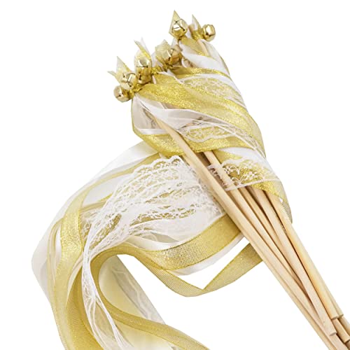 EinsSein 20x Wedding Wands Romantic Gold Spalier Hochzeit Glücksstäbe Stäbe Spitze rund Kirche runde Holzstäbe Glöckchen Konfetti Standesamt Holz von EinsSein
