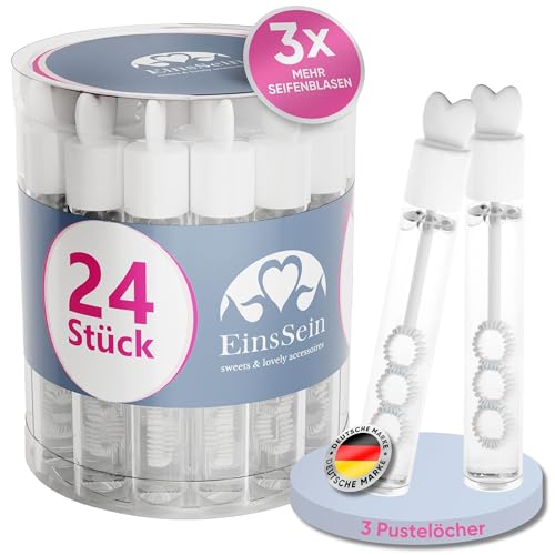 EinsSein Seifenblasen Hochzeit Lovegläschen Set weiss 24 Stück | Gastgeschenke für die Hochzeit Taufe Geburtstag Verlobung | keine Flecken auf Kleindung | Mini Hochzeitsseifenblasen Herz Herzgriff mit von EinsSein