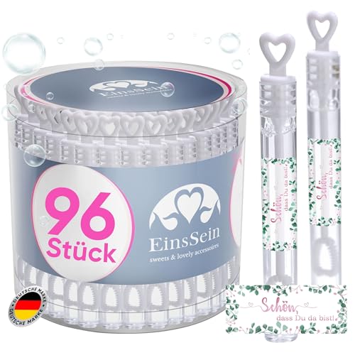 EinsSein 96x Seifenblasen Hochzeit Herzgläschen Schön, DASS Du da bist rosa-grün Set mit Aufkleber Set weiss Gastgeschenke für die Hochzeit, Taufe - Hochzeitsseifenblasen mit Freudentränen kombinieren EinsSein 96x Seifenblasen Hochzeit Herzgläschen Schön, DASS Du da bist rosa-grün Set mit Aufkleber Set weiss Gastgeschenke für die Hochzeit, Taufe - Hochzeitsseifenblasen mit Freudentränen kombinieren von EinsSein