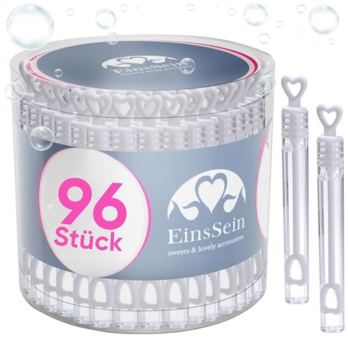 EinsSein Seifenblasen Hochzeit Herz Herzgläschen Weiss | Gastgeschenke für Hochzeit Taufe Geburtstag Verlobung | mini Hochzeitsseifenblasen mit Herzgriff Hochzeitsdeko | Keine Flecken auf Kleidung von EinsSein