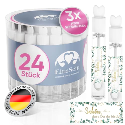 EinsSein Seifenblasen Hochzeit Lovegläschen 24 Stück | Herz Seifenblasen mit Aufkleber „Schön, DASS Du da bist“ Gold-grün | Gastgeschenke Hochzeit Standesamt Kirche Trauung | Deko & Tischdeko Taufe von EinsSein