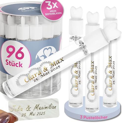 EinsSein personalisierte Seifenblasen Hochzeit Lovegläschen Weiss 96 Stück | Seifenblasen mit Aufkleber als Gastgeschenke auch für die Taufe Geburtstag Party | Hochzeitsseifenblasen | Wedding Bubbles von EinsSein