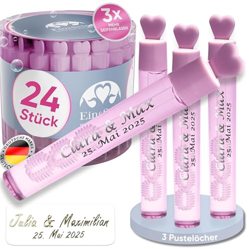 EinsSein personalisierte Seifenblasen Hochzeit Lovegläschen rosa 24 Stück | Seifenblasen mit Aufkleber als Gastgeschenke auch für die Taufe Geburtstag Party | Hochzeitsseifenblasen | Wedding Bubbles von EinsSein