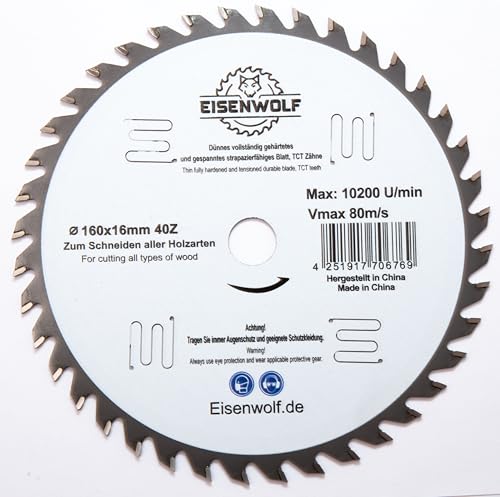 160x16 mm Premium Sägeblatt, Kreissägeblatt für Holz mit 40 gekippten TCT-Zähnen und Laser-Cuts für Lärmminderung 160x16 mm Premium Sägeblatt, Kreissägeblatt für Holz mit 40 gekippten TCT-Zähnen und Laser-Cuts für Lärmminderung von Eisenwolf