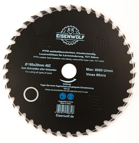 180x20 mm Sägeblatt, Kreissägeblatt für Holz mit 40 gekippten TCT-Zähnen, PTFE Antihaftbeschichtung und Laser-Cuts für Lärmminderung 180x20 mm Sägeblatt, Kreissägeblatt für Holz mit 40 gekippten TCT-Zähnen, PTFE Antihaftbeschichtung und Laser-Cuts für Lärmminderung von Eisenwolf