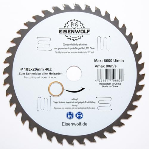 185x20 mm Premium Sägeblatt, Kreissägeblatt für Holz mit 40 gekippten TCT-Zähnen und Laser-Cuts für Lärmminderung 185x20 mm Premium Sägeblatt, Kreissägeblatt für Holz mit 40 gekippten TCT-Zähnen und Laser-Cuts für Lärmminderung von Eisenwolf