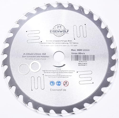 230x22,23 mm Sägeblatt, Kreissägeblatt für Holz mit 30 gekippten TCT-Zähnen und Laser-Cuts für Lärmminderung von Eisenwolf