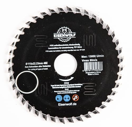 Eisenwolf 115x22,23 mm Sägeblatt, Kreissägeblatt für Holz mit 40 gekippten TCT-Zähnen, PTFE Antihaftbeschichtung und Laser-Cuts für Lärmminderung Eisenwolf 115x22,23 mm Sägeblatt, Kreissägeblatt für Holz mit 40 gekippten TCT-Zähnen, PTFE Antihaftbeschichtung und Laser-Cuts für Lärmminderung von Eisenwolf