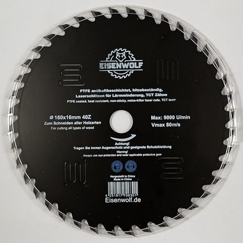 Eisenwolf 160x16 mm Sägeblatt, Kreissägeblatt für Holz mit 40 gekippten TCT-Zähnen, PTFE Antihaftbeschichtung und Laser-Cuts für Lärmminderung Eisenwolf 160x16 mm Sägeblatt, Kreissägeblatt für Holz mit 40 gekippten TCT-Zähnen, PTFE Antihaftbeschichtung und Laser-Cuts für Lärmminderung von Eisenwolf