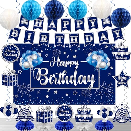 Blau-silberne Geburtstagsdekorationen für Männer und Jungen, 44 Stück, Happy Birthday-Banner, Hintergrund mit Wabenbälle, Mittelstück zum Aufhängen, Wirbel, 16., 18., 21., 30., 40., 50., 60 Blau-silberne Geburtstagsdekorationen für Männer und Jungen, 44 Stück, Happy Birthday-Banner, Hintergrund mit Wabenbälle, Mittelstück zum Aufhängen, Wirbel, 16., 18., 21., 30., 40., 50., 60 von Eiurteao