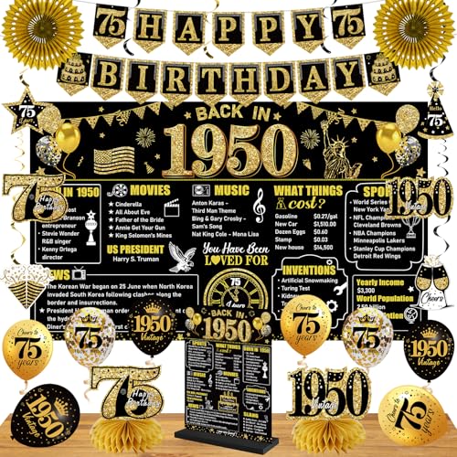 Dekorationsset zum 75. Geburtstag für Männer und Frauen, Schwarz / Gold, 24 Stück Back in 1950 Banner-Dekorationen, Vintage 1950 Banner, Holz-Tischschild, Poster, hängende Wirbelballons, Papar-Fans von Eiurteao