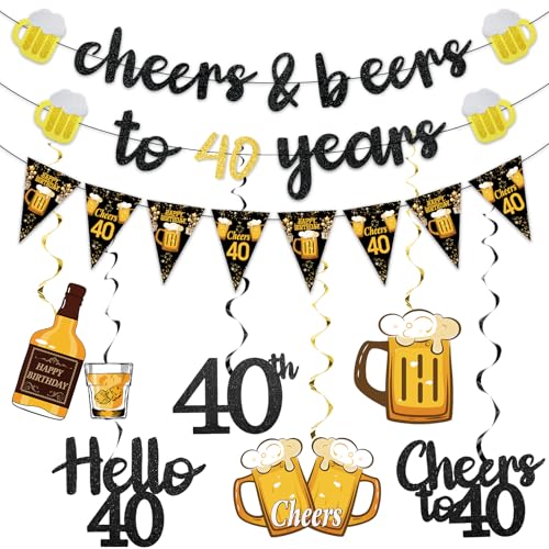 Schwarz-goldene Dekoration zum 40. Geburtstag für Ihn und Ihn, glitzernd, vorbespannt, "Cheers to 40 Years"-Banner, Hello 40, hängende Wirbel, Papierdreieck, Flagge, Banner, Dekorationen von Eiurteao