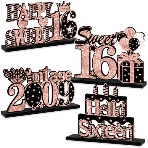 Tischaufsätze aus Holz zum 16. Geburtstag, Vintage 2009, Dekoration für Mädchen und Frauen, 4 Stück, Rotgold, Schwarz, süßes Tischschild zum 16. Geburtstag, Tischdekoration, Partyzubehör Tischaufsätze aus Holz zum 16. Geburtstag, Vintage 2009, Dekoration für Mädchen und Frauen, 4 Stück, Rotgold, Schwarz, süßes Tischschild zum 16. Geburtstag, Tischdekoration, Partyzubehör von Eiurteao