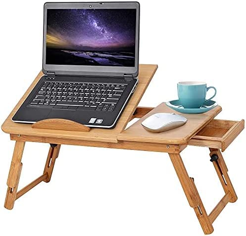 Bambus Laptoptisch Schreibtisch mit Schublade, klappbarer Notebooktisch Betttisch höhenverstellbar für Lesen oder Frühstücks Zeichentisch und Esstisch Bett 50 * 30 * 20 cm von Ejoyous